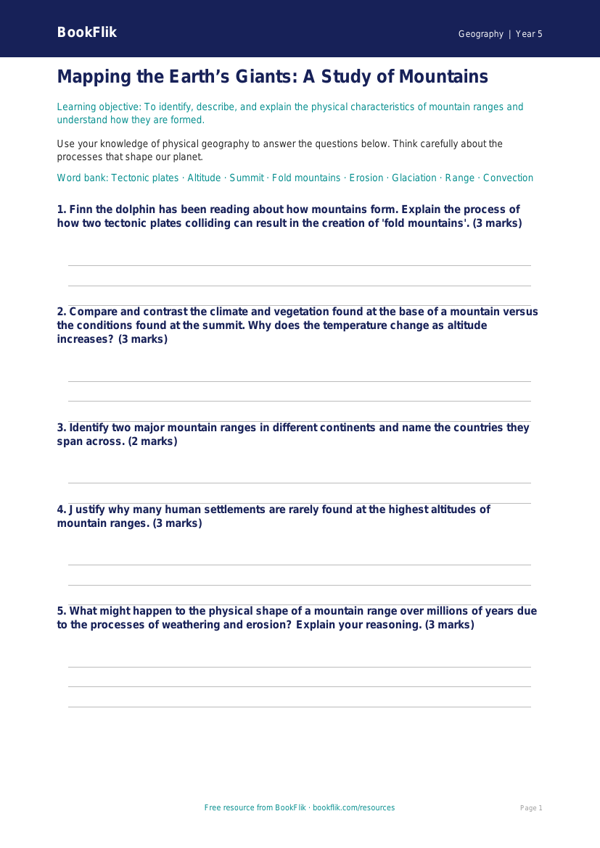 Free Mountains Worksheet | Year 5 Greater Depth | BookFlik worksheet preview — Geography Mountains