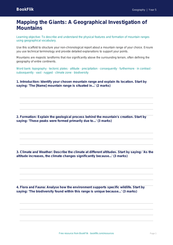 Free Mountains Writing Frame | Year 5 Greater Depth | BookFlik worksheet preview — Geography Mountains