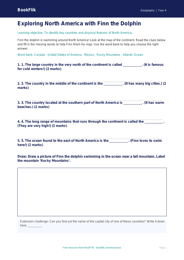 Free North America Activity Sheet | Year 4 Supported | BookFlik worksheet preview — Geography North America