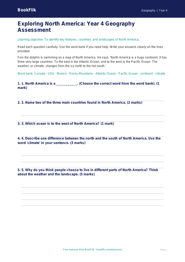 Free North America Assessment | Year 4 Supported | BookFlik worksheet preview — Geography North America