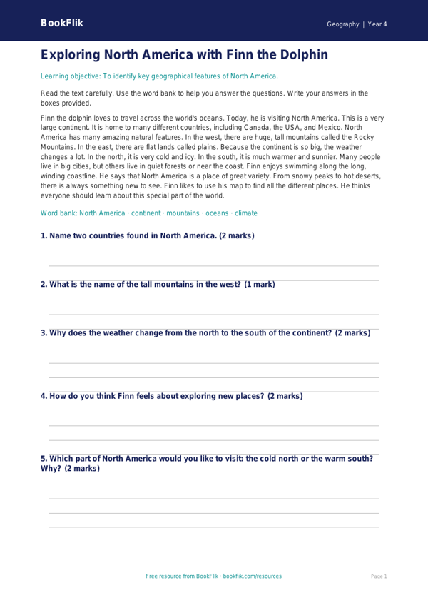 Free North America Comprehension | Year 4 Supported | BookFlik worksheet preview — Geography North America
