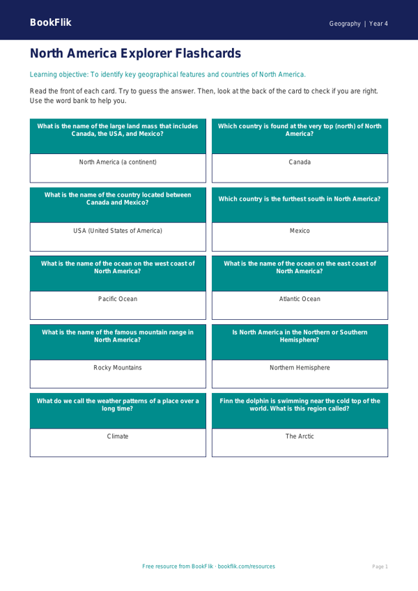 Free North America Flashcards | Year 4 Supported | BookFlik worksheet preview — Geography North America