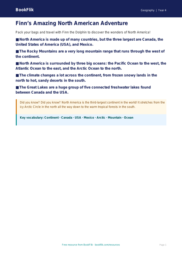 Free North America Poster | Year 4 Supported | BookFlik worksheet preview — Geography North America