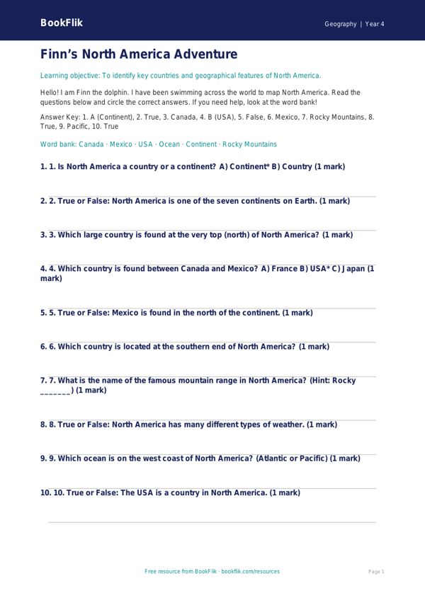 Free North America Quiz | Year 4 Supported | BookFlik worksheet preview — Geography North America