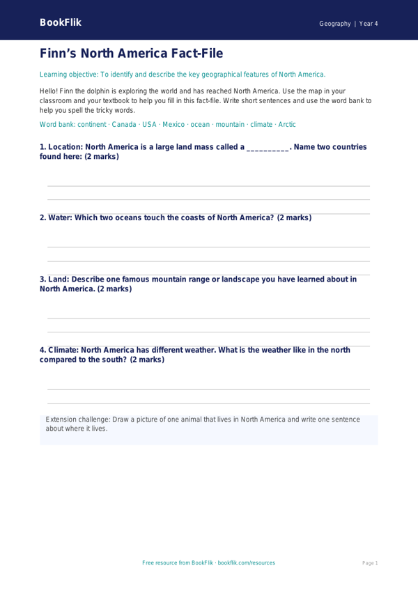 Free North America Template | Year 4 Supported | BookFlik worksheet preview — Geography North America