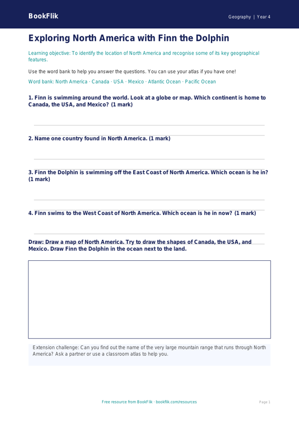 Free North America Worksheet | Year 4 Supported | BookFlik worksheet preview — Geography North America