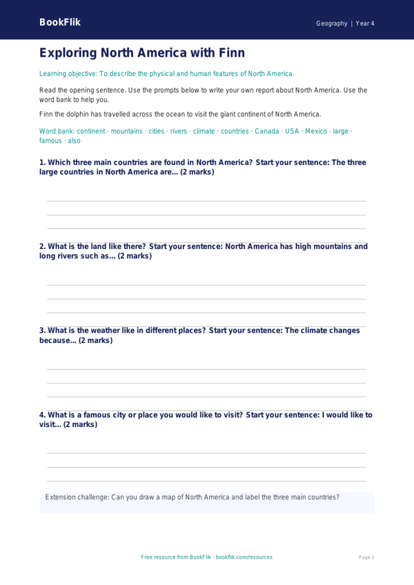 Free North America Writing Frame | Year 4 Supported | BookFlik worksheet preview — Geography North America