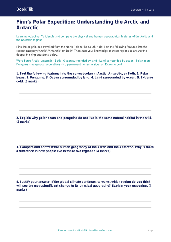 Free Polar Regions Activity Sheet | Year 5 Greater Depth | BookFlik worksheet preview — Geography Polar Regions