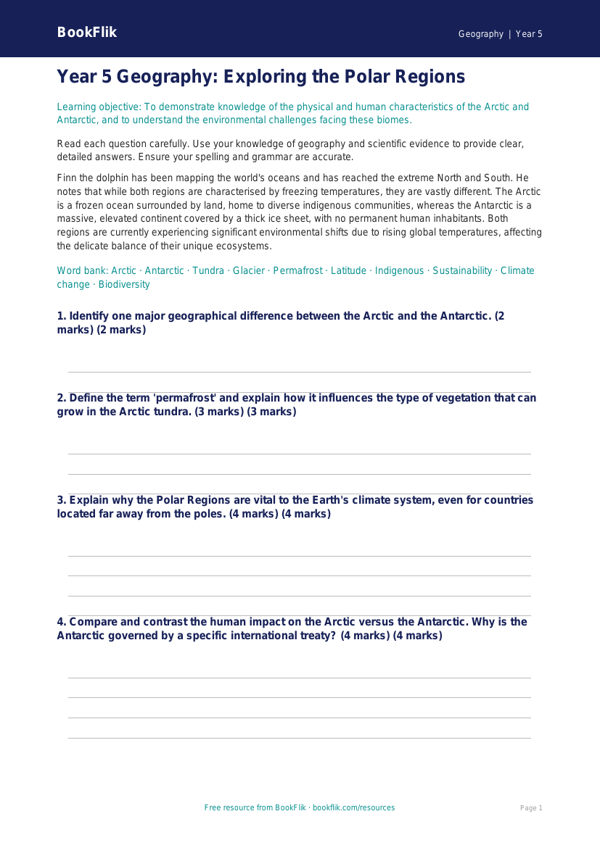 Free Polar Regions Assessment | Year 5 Greater Depth | BookFlik worksheet preview — Geography Polar Regions