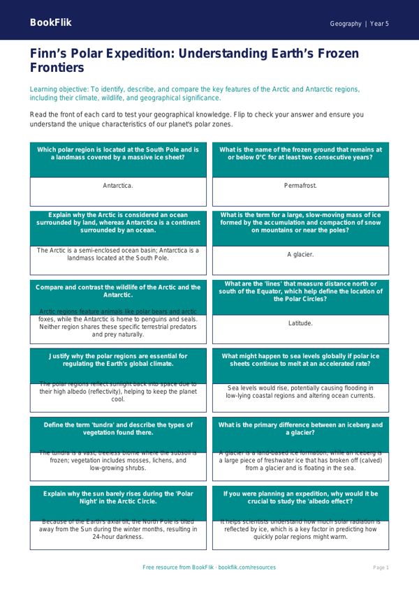 Free Polar Regions Flashcards | Year 5 Greater Depth | BookFlik worksheet preview — Geography Polar Regions