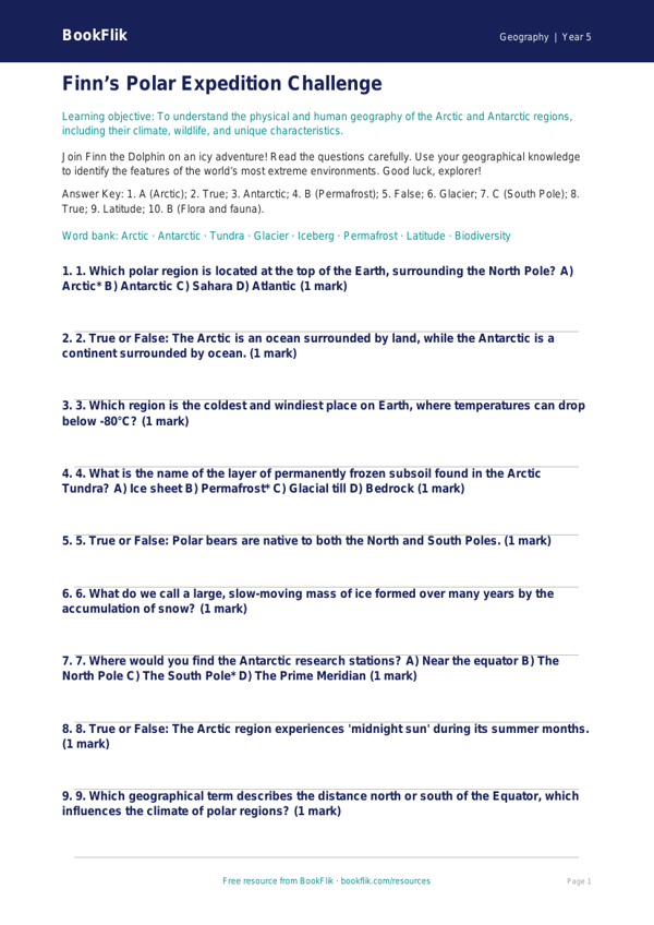 Free Polar Regions Quiz | Year 5 Greater Depth | BookFlik worksheet preview — Geography Polar Regions