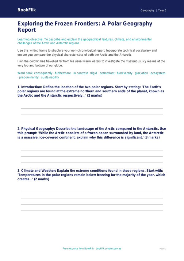 Free Polar Regions Writing Frame | Year 5 Greater Depth | BookFlik worksheet preview — Geography Polar Regions