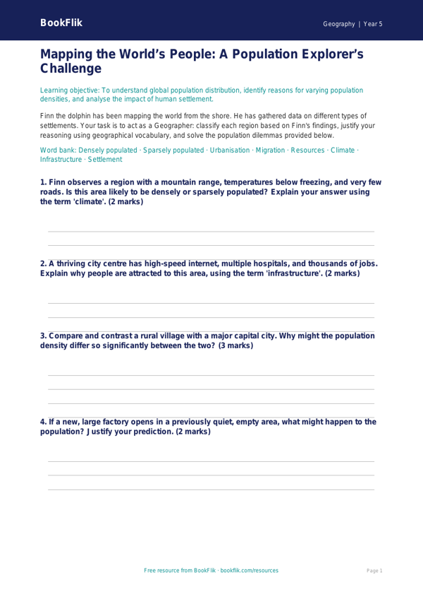 Free Population Activity Sheet | Year 5 Greater Depth | BookFlik worksheet preview — Geography Population