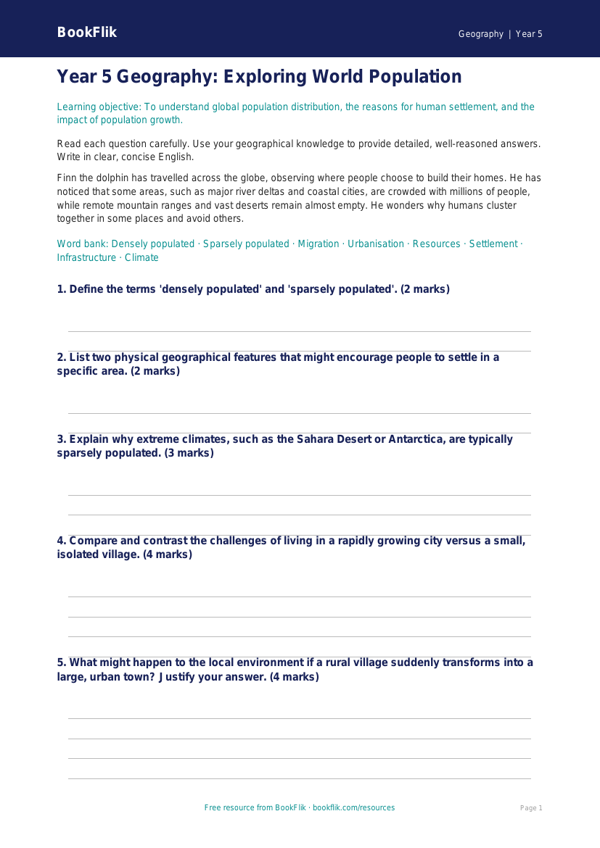 Free Population Assessment | Year 5 Greater Depth | BookFlik worksheet preview — Geography Population