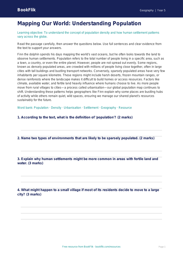 Free Population Comprehension | Year 5 Greater Depth | BookFlik worksheet preview — Geography Population