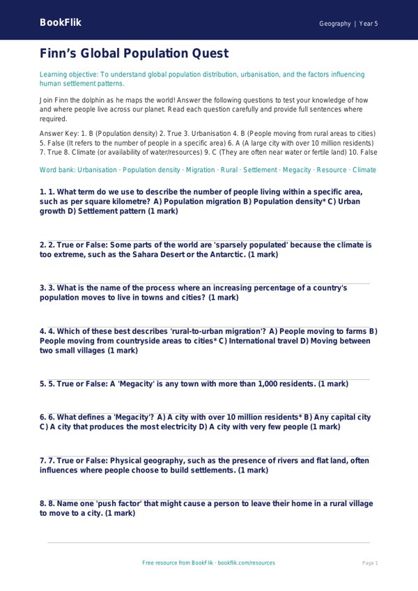 Free Population Quiz | Year 5 Greater Depth | BookFlik worksheet preview — Geography Population