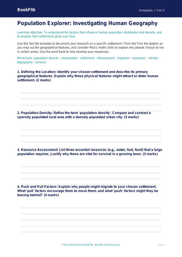 Free Population Template | Year 5 Greater Depth | BookFlik worksheet preview — Geography Population