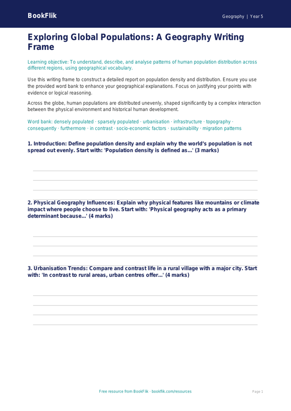 Free Population Writing Frame | Year 5 Greater Depth | BookFlik worksheet preview — Geography Population