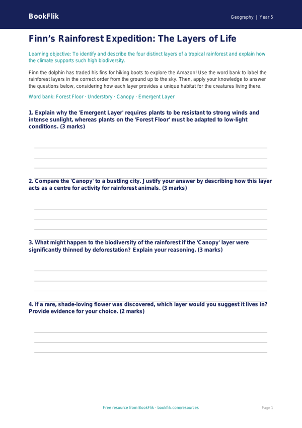 Free Rainforests Activity Sheet | Year 5 Greater Depth | BookFlik worksheet preview — Geography Rainforests