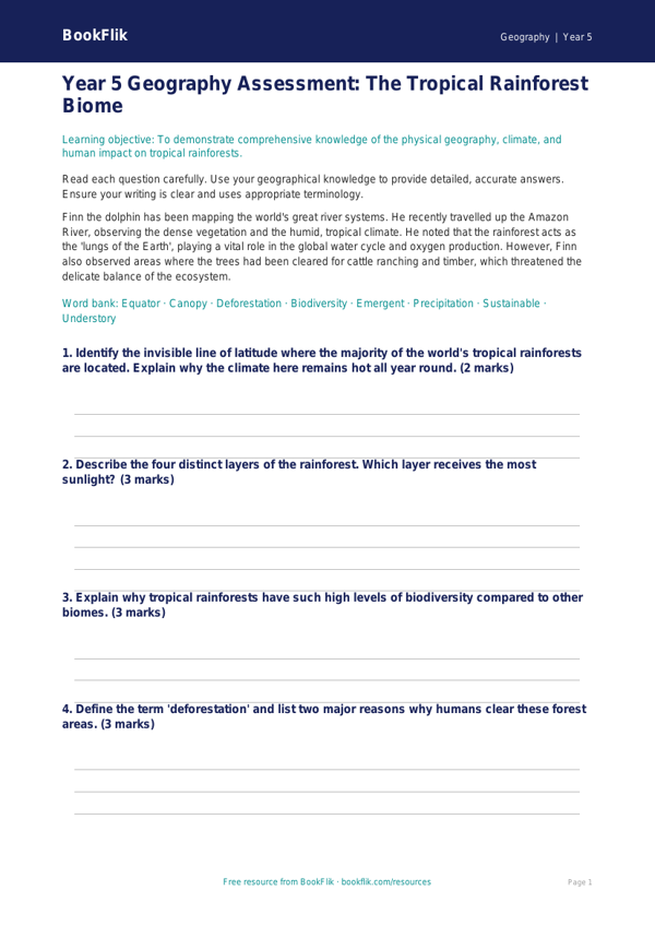 Free Rainforests Assessment | Year 5 Greater Depth | BookFlik worksheet preview — Geography Rainforests
