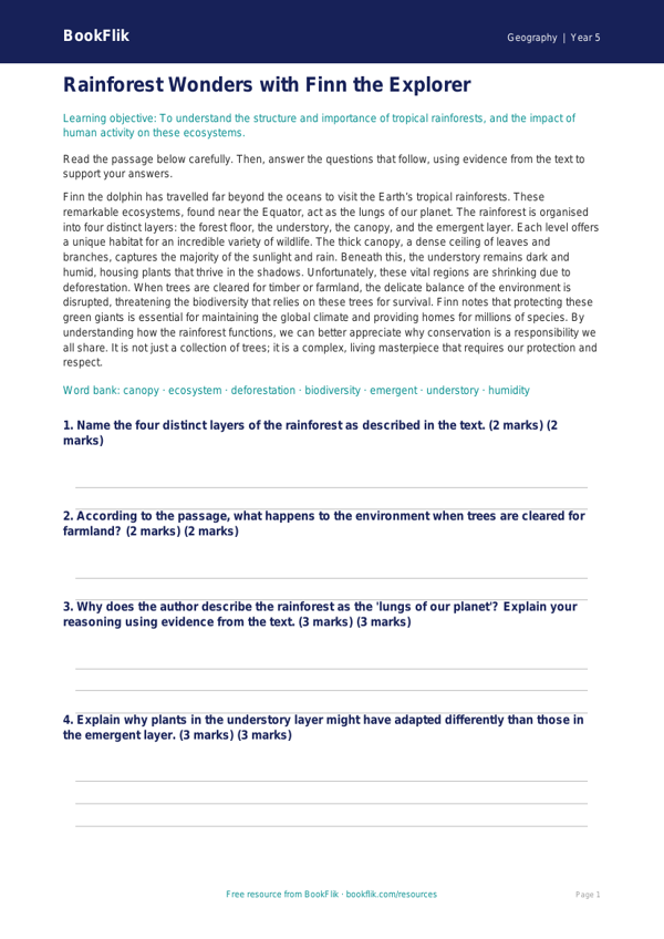 Free Rainforests Comprehension | Year 5 Greater Depth | BookFlik worksheet preview — Geography Rainforests