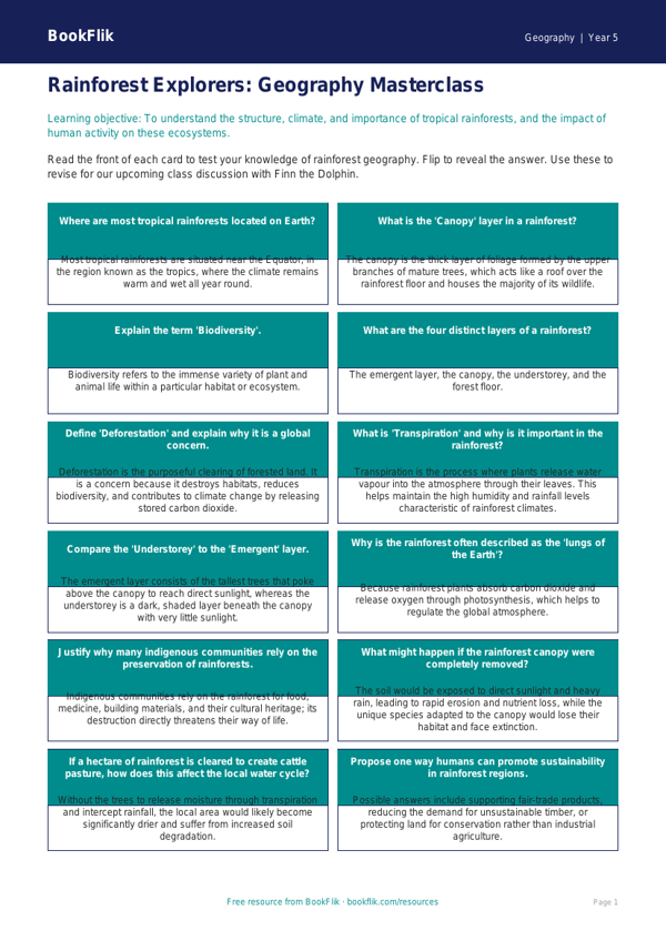 Free Rainforests Flashcards | Year 5 Greater Depth | BookFlik worksheet preview — Geography Rainforests