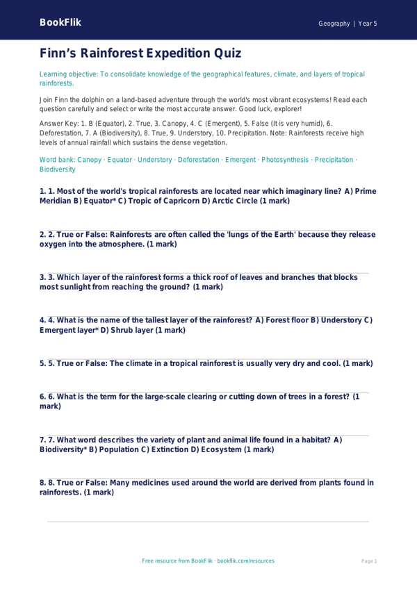 Free Rainforests Quiz | Year 5 Greater Depth | BookFlik worksheet preview — Geography Rainforests