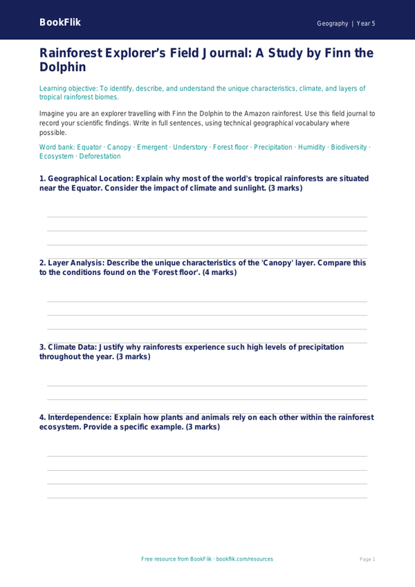 Free Rainforests Template | Year 5 Greater Depth | BookFlik worksheet preview — Geography Rainforests