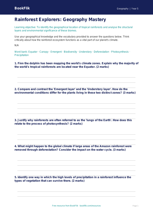 Free Rainforests Worksheet | Year 5 Greater Depth | BookFlik worksheet preview — Geography Rainforests