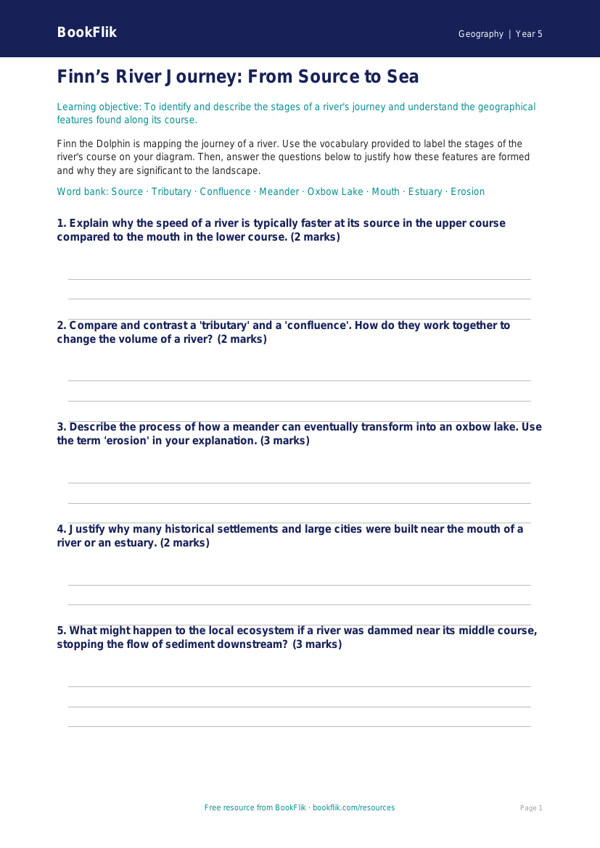 Free Rivers Activity Sheet | Year 5 Greater Depth | BookFlik worksheet preview — Geography Rivers