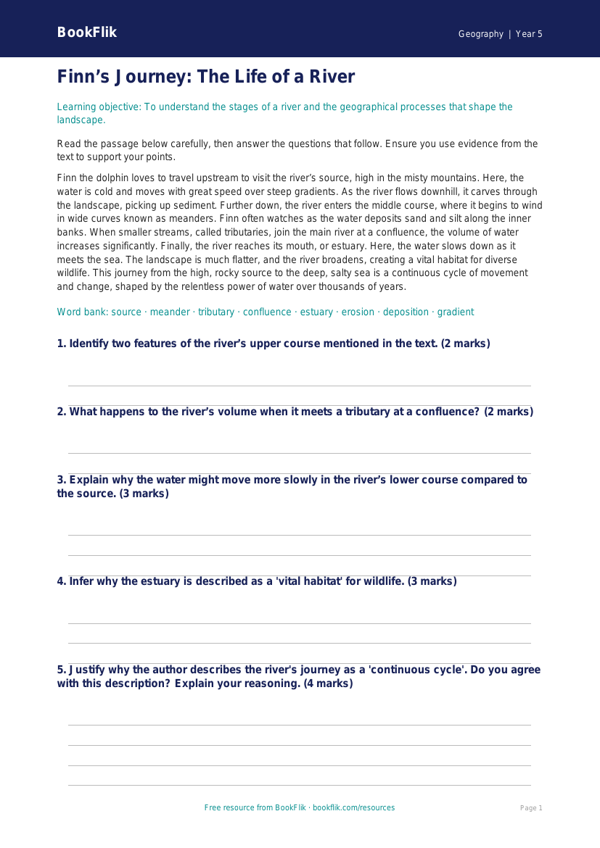 Free Rivers Comprehension | Year 5 Greater Depth | BookFlik worksheet preview — Geography Rivers