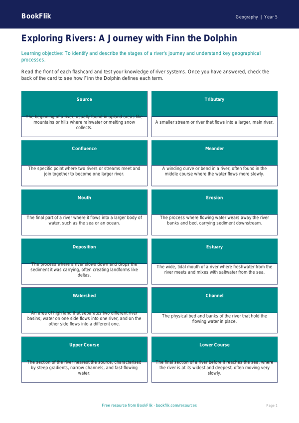 Free Rivers Flashcards | Year 5 Greater Depth | BookFlik worksheet preview — Geography Rivers