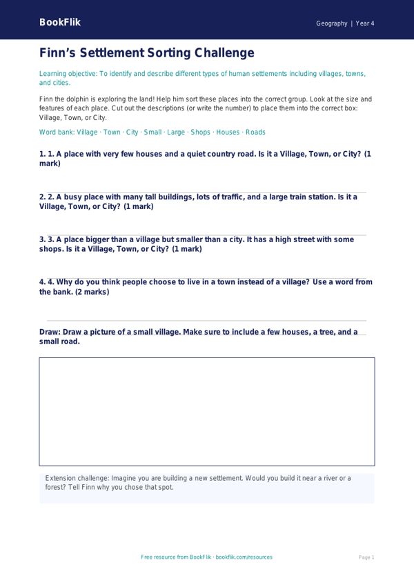 Free Settlements Activity Sheet | Year 4 Supported | BookFlik worksheet preview — Geography Settlements