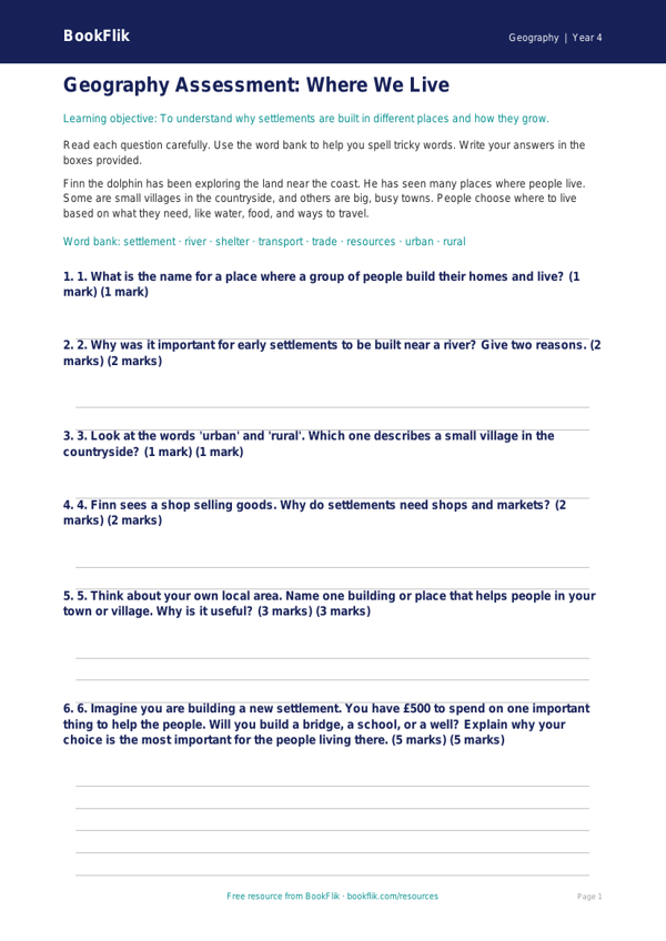 Free Settlements Assessment | Year 4 Supported | BookFlik worksheet preview — Geography Settlements