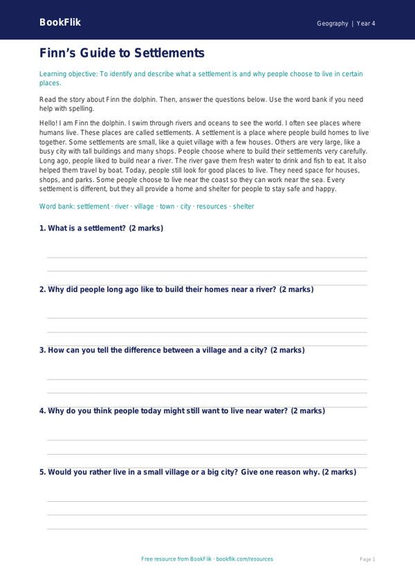Free Settlements Comprehension | Year 4 Supported | BookFlik worksheet preview — Geography Settlements