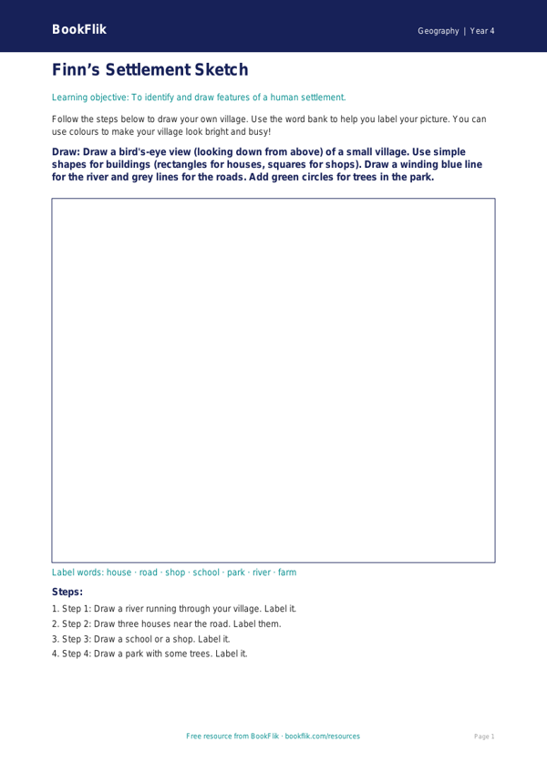 Free Settlements Drawing Sheet | Year 4 Supported | BookFlik worksheet preview — Geography Settlements