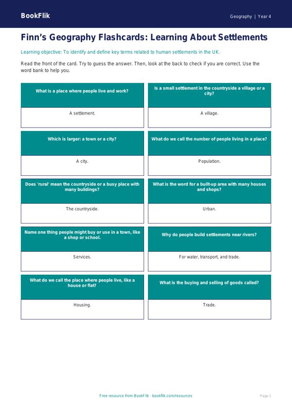 Free Settlements Flashcards | Year 4 Supported | BookFlik worksheet preview — Geography Settlements