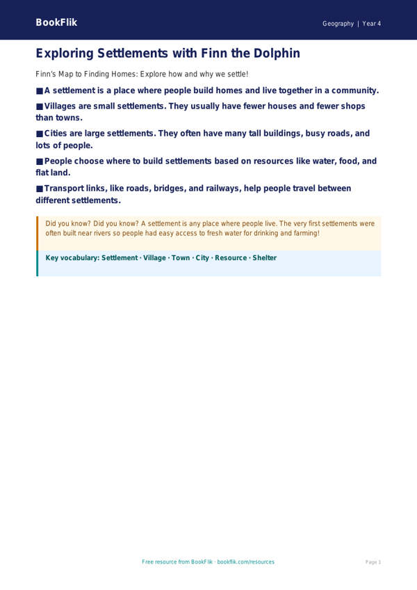 Free Settlements Poster | Year 4 Geography Resource | BookFlik worksheet preview — Geography Settlements