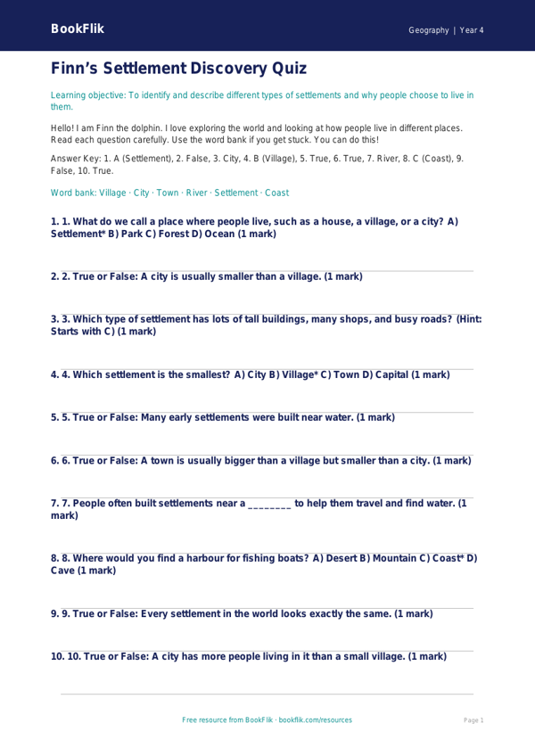 Free Settlements Quiz | Year 4 Geography Worksheet | BookFlik worksheet preview — Geography Settlements