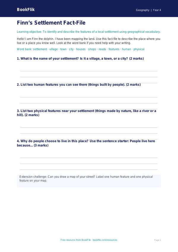 Free Settlements Template | Year 4 Supported | BookFlik worksheet preview — Geography Settlements