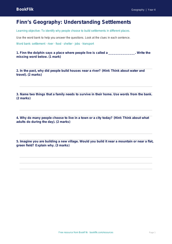 Free Settlements Worksheet | Year 4 Supported | BookFlik worksheet preview — Geography Settlements