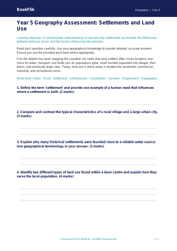 Free Settlements Assessment | Year 5 Greater Depth | BookFlik worksheet preview — Geography Settlements