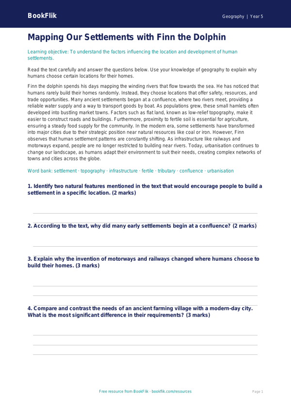 Free Settlements Comprehension | Year 5 Greater Depth | BookFlik worksheet preview — Geography Settlements