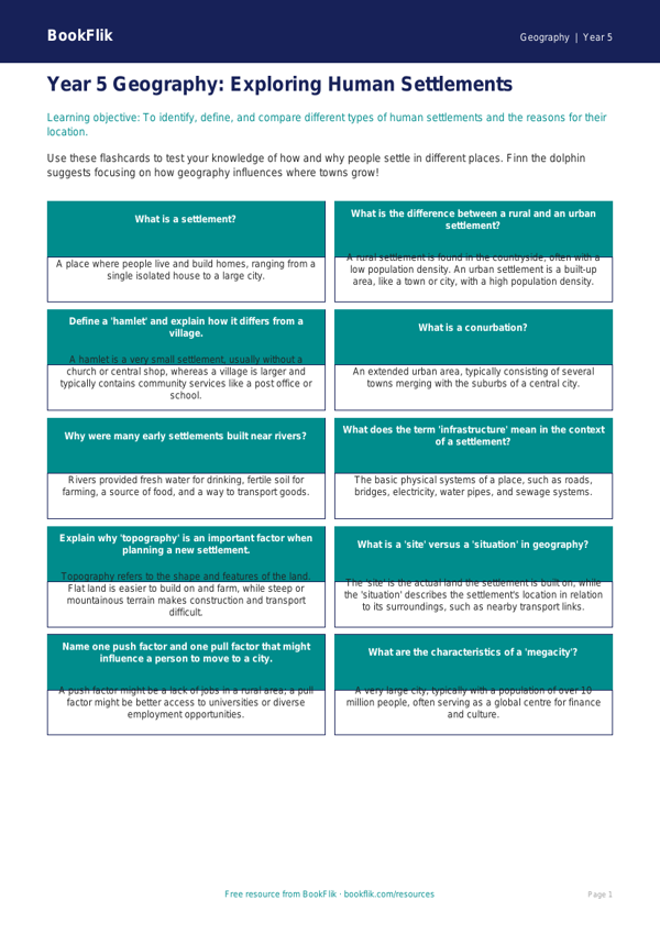 Free Settlements Flashcards | Year 5 Geography | BookFlik worksheet preview — Geography Settlements
