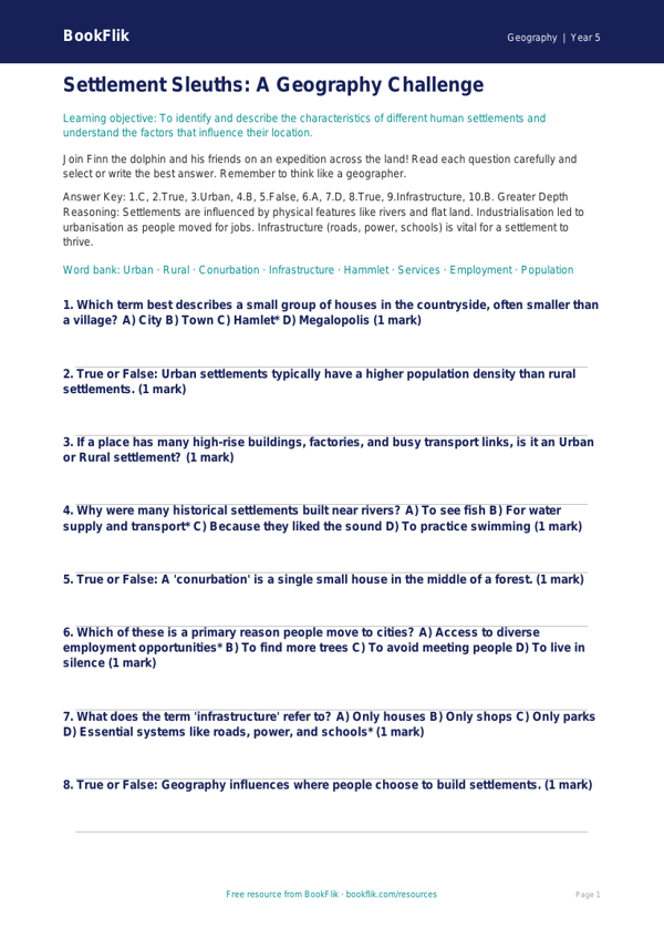 Free Settlements Quiz | Year 5 Greater Depth | BookFlik worksheet preview — Geography Settlements
