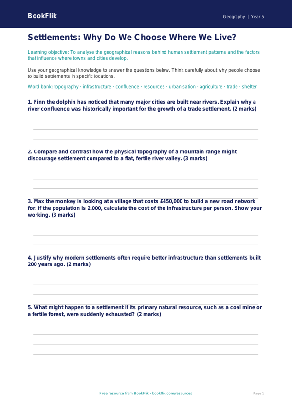 Free Settlements Worksheet | Year 5 Greater Depth | BookFlik worksheet preview — Geography Settlements