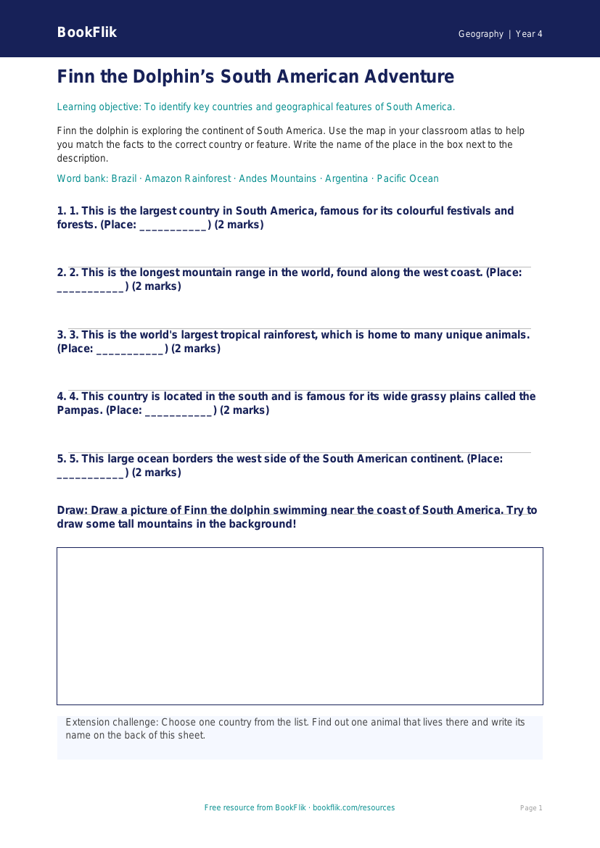 Free South America Activity Sheet | Year 4 Supported | BookFlik worksheet preview — Geography South America