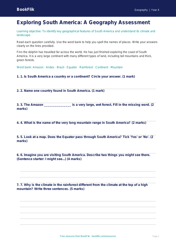 Free South America Assessment | Year 4 Supported | BookFlik worksheet preview — Geography South America