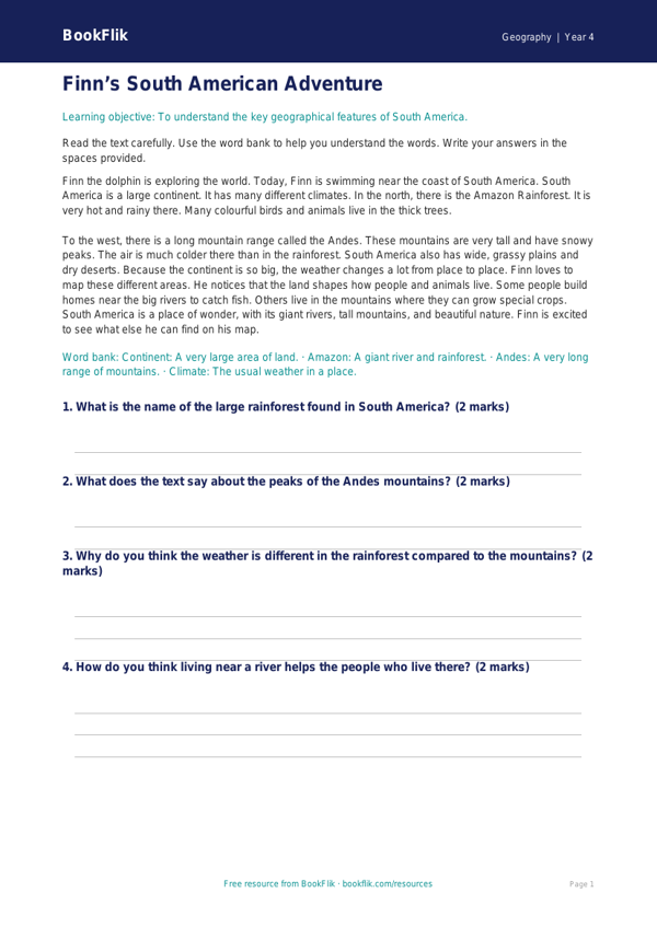 Free South America Comprehension | Year 4 Supported | BookFlik worksheet preview — Geography South America
