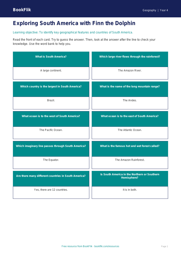 Free South America Flashcards | Year 4 Supported | BookFlik worksheet preview — Geography South America